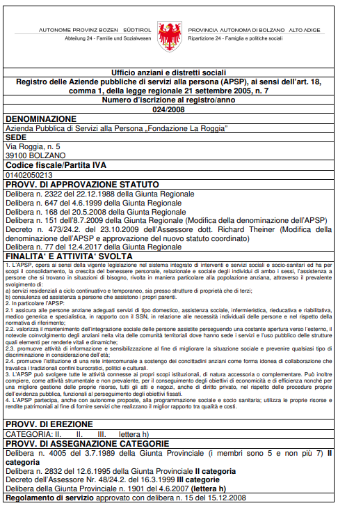 BOLZANO: Azienda Pubblica di Servizi alla Persona Fondazione La Roggia"