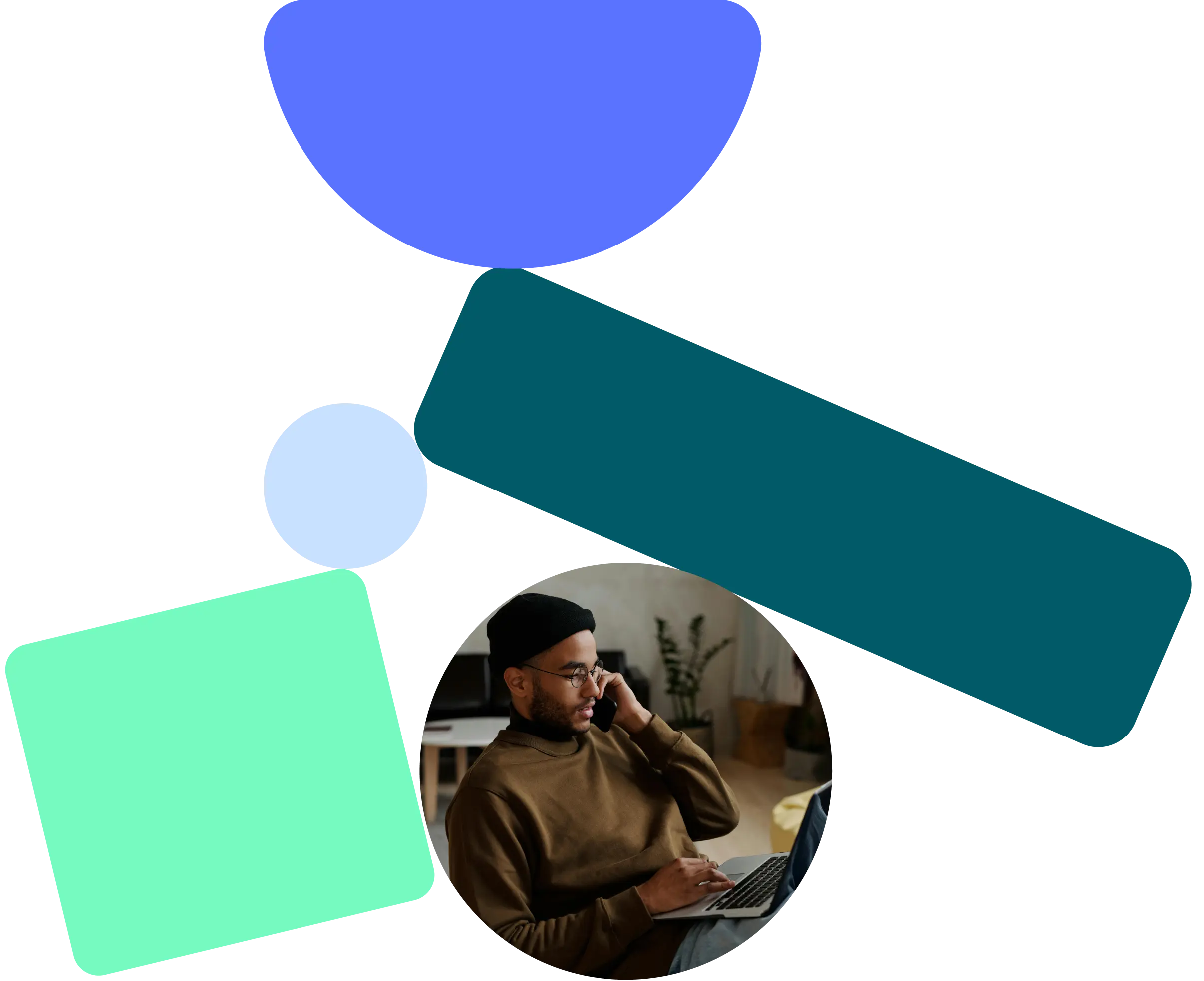 A person on a phone call while using a laptop, surrounded by abstract, colorful shapes.