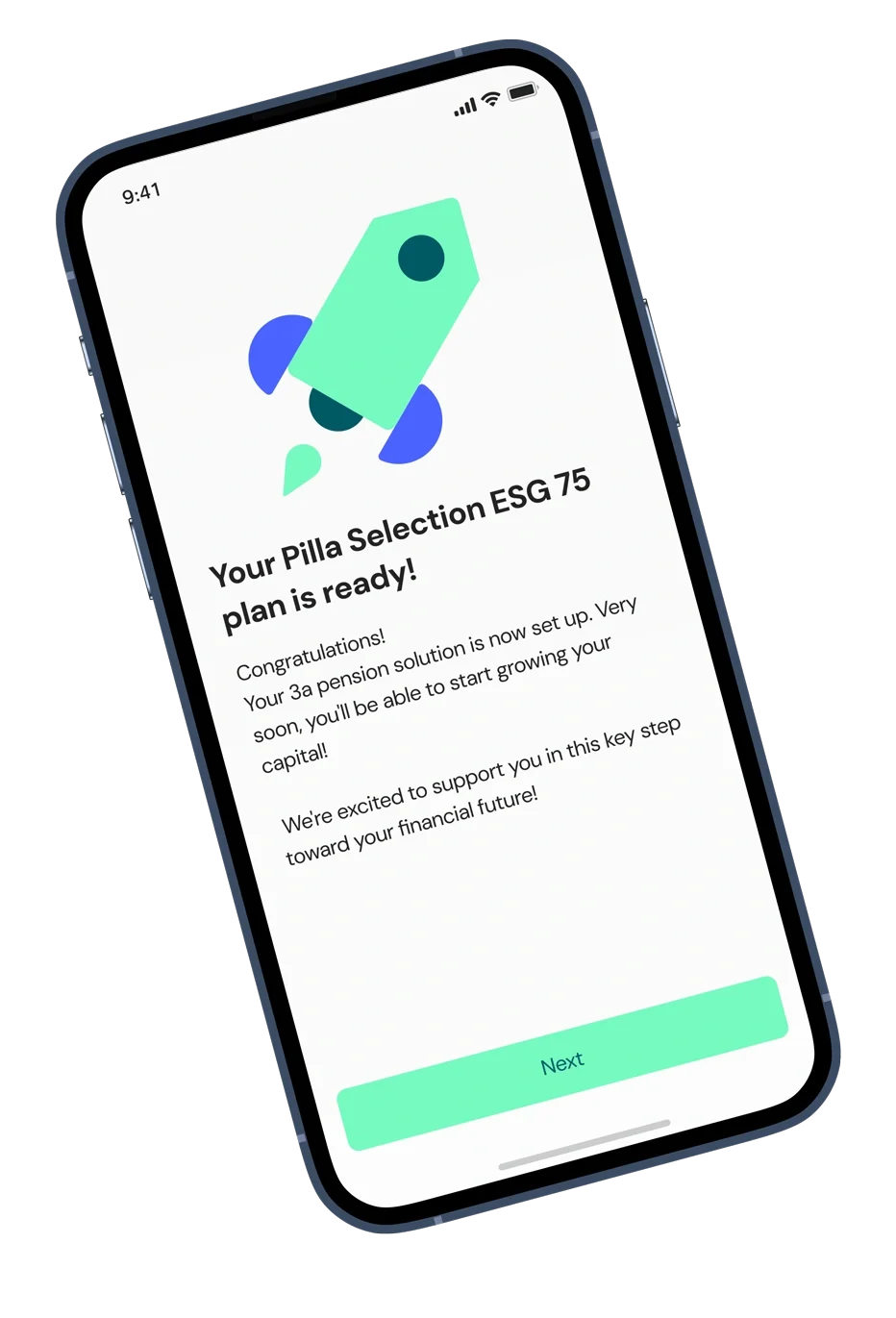 A smartphone displays a screen from the Pilla app showing a rocket illustration and a confirmation message.