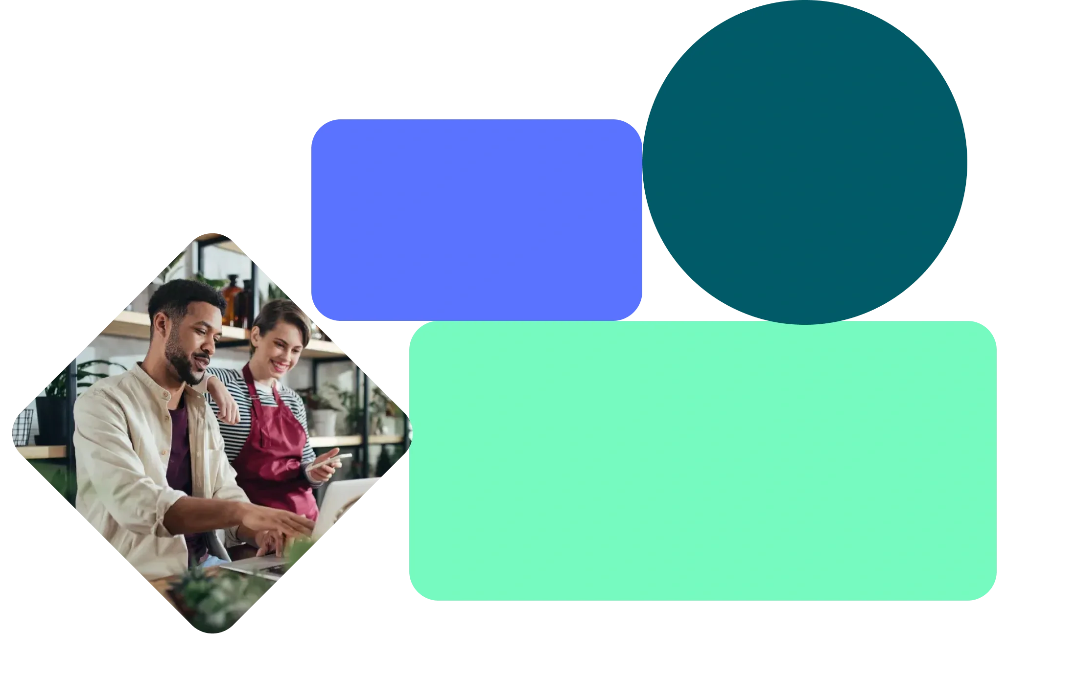 Smiling couple working on a laptop, man seated and woman standing behind him, diamond-shaped image on gray background with colorful geometric shapes.