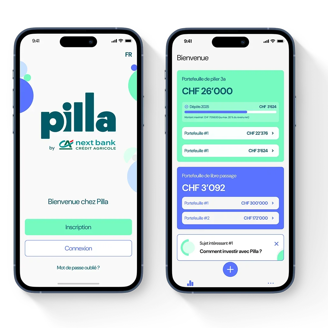 Deux smartphones côte à côte affichent l’application Pilla. Le premier écran montre la page d’accueil avec le logo, le second un tableau de bord avec les informations de compte et des sujets d’investissement.