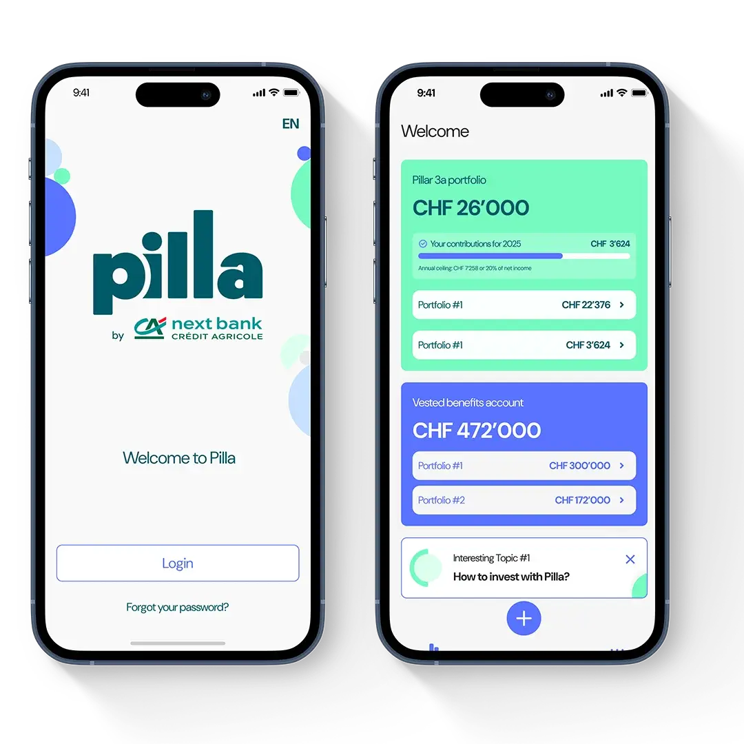 Two smartphones side by side show the Pilla app. The first screen displays the welcome page with the logo, the second shows a dashboard with account information and investment topics.