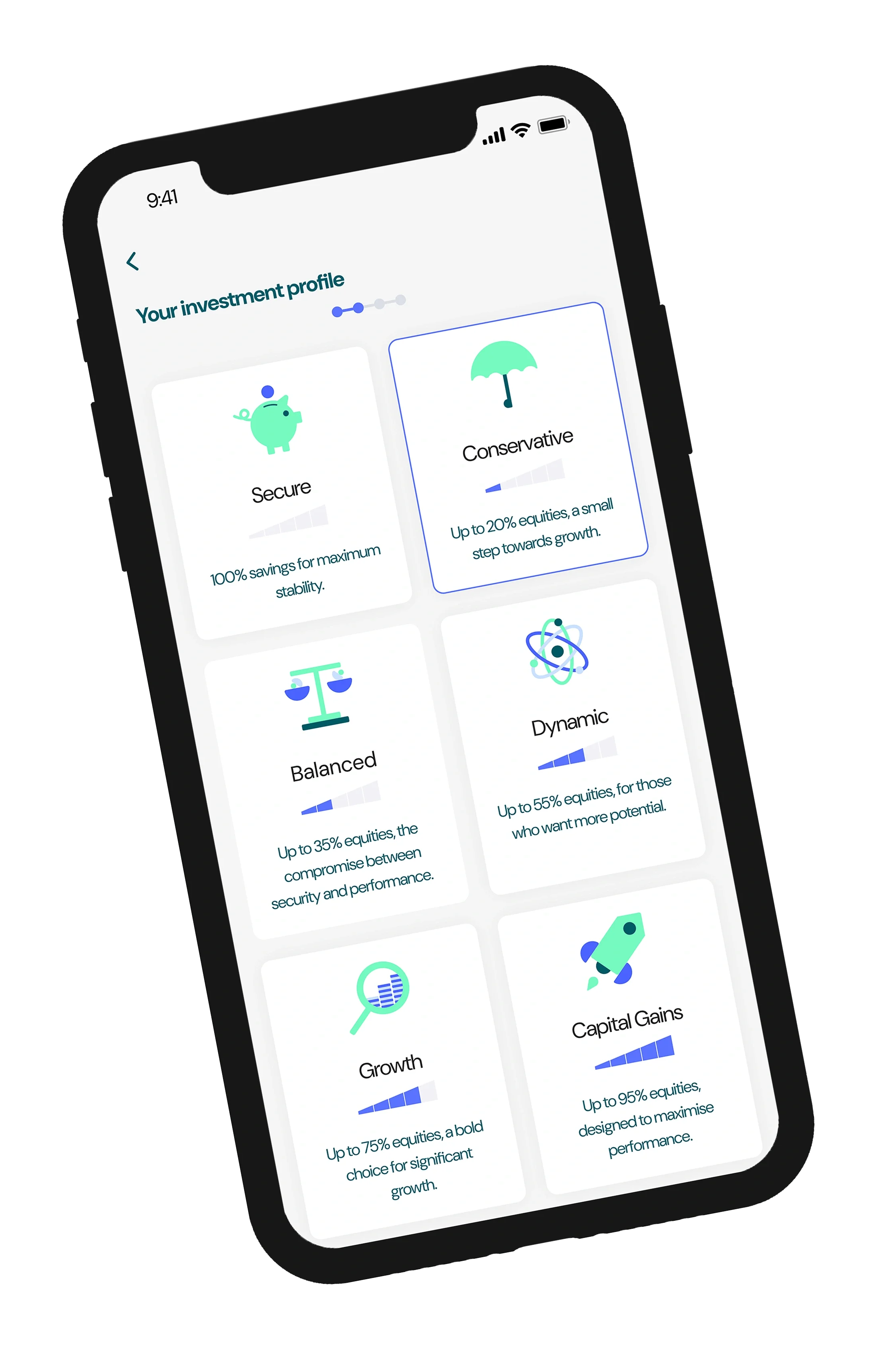 A smartphone displays a screen from the Pilla app showing different investment profiles.