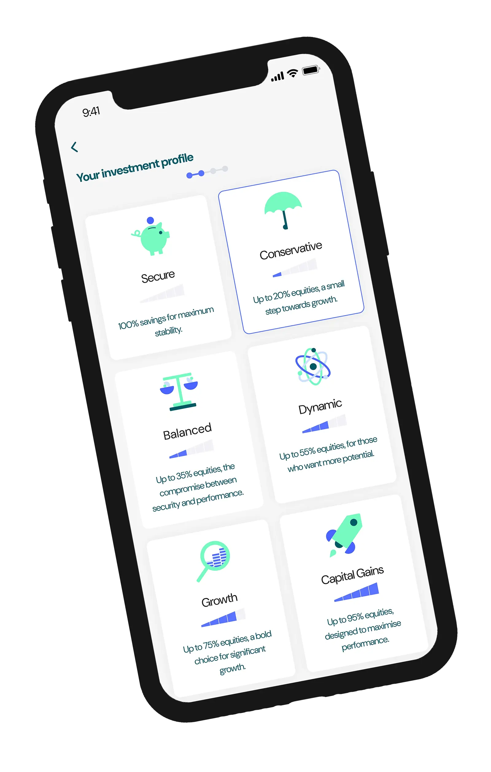 A smartphone displays a screen from the Pilla app showing different investment profiles.