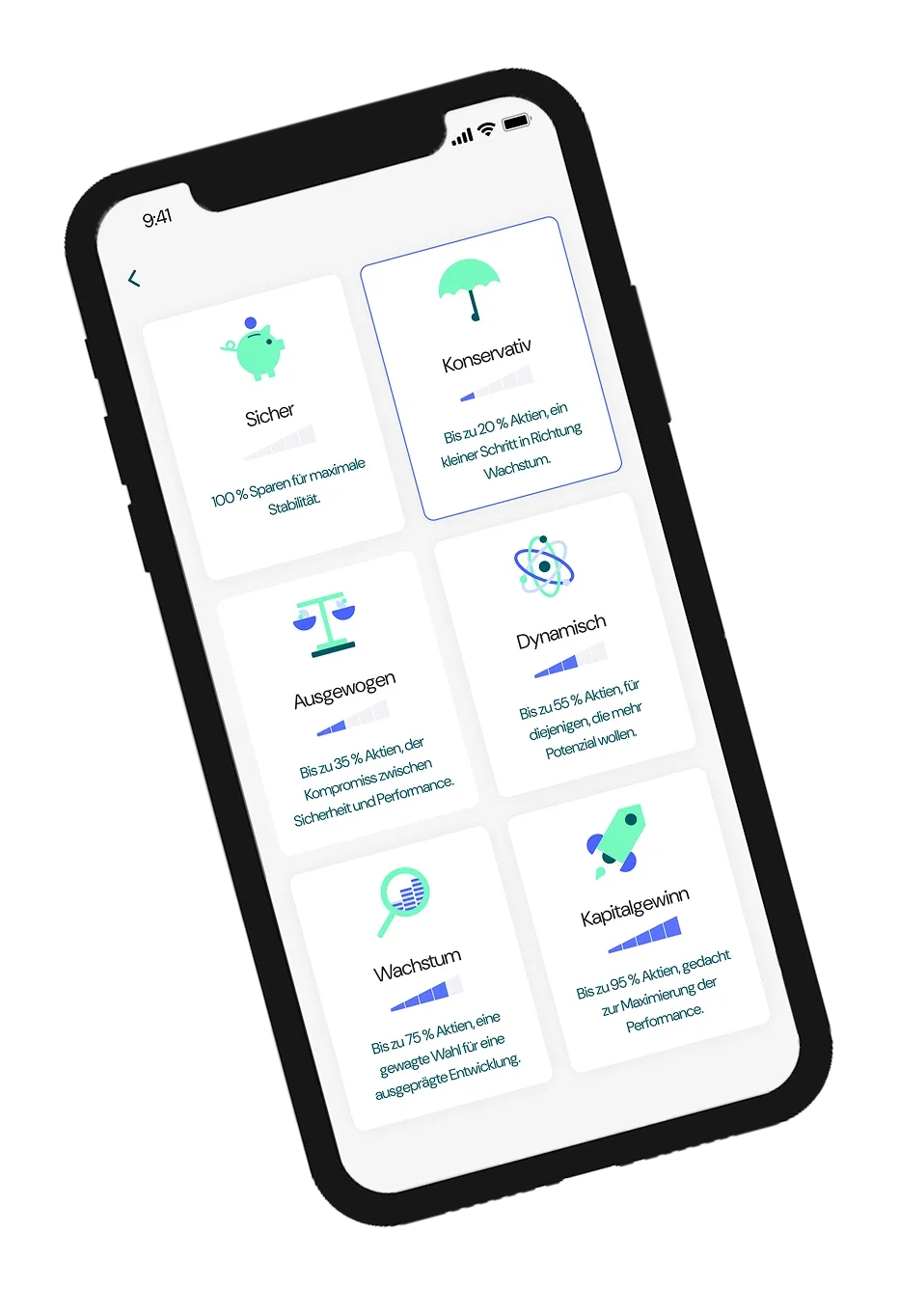 Ein Smartphone zeigt einen Bildschirm der Pilla-App mit verschiedenen Anlagestrategien.