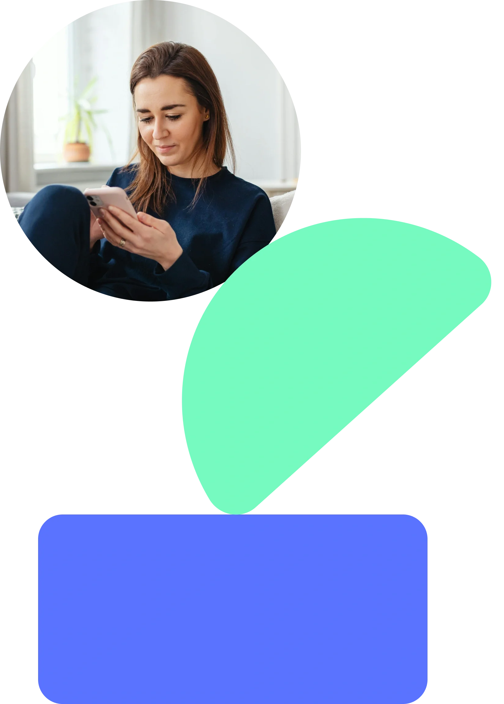 Woman sitting on a sofa, smiling at her phone, circular image on gray background with colorful geometric shapes.