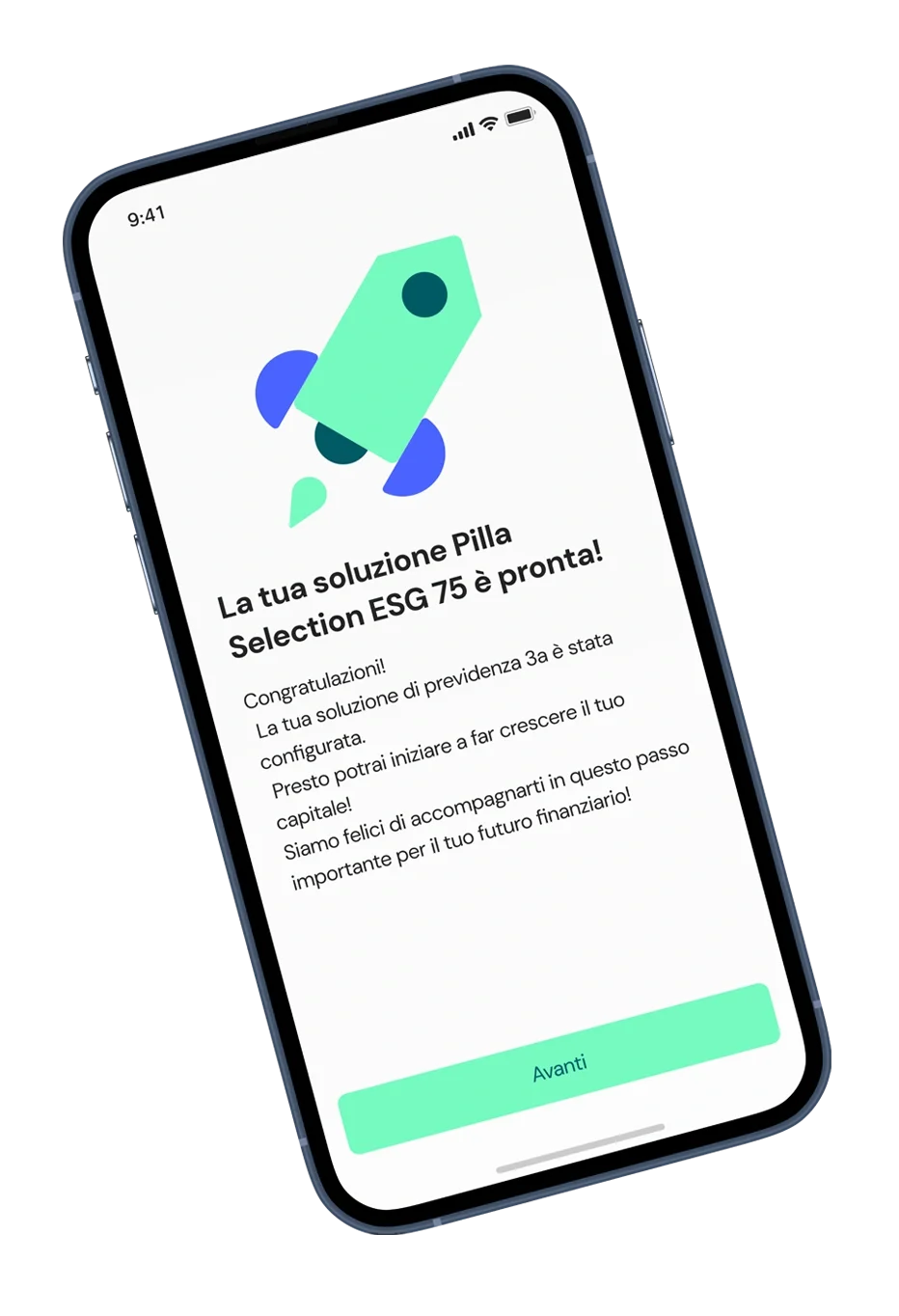 Uno smartphone mostra una schermata dell'app Pilla con l'illustrazione di un razzo e un messaggio di conferma.