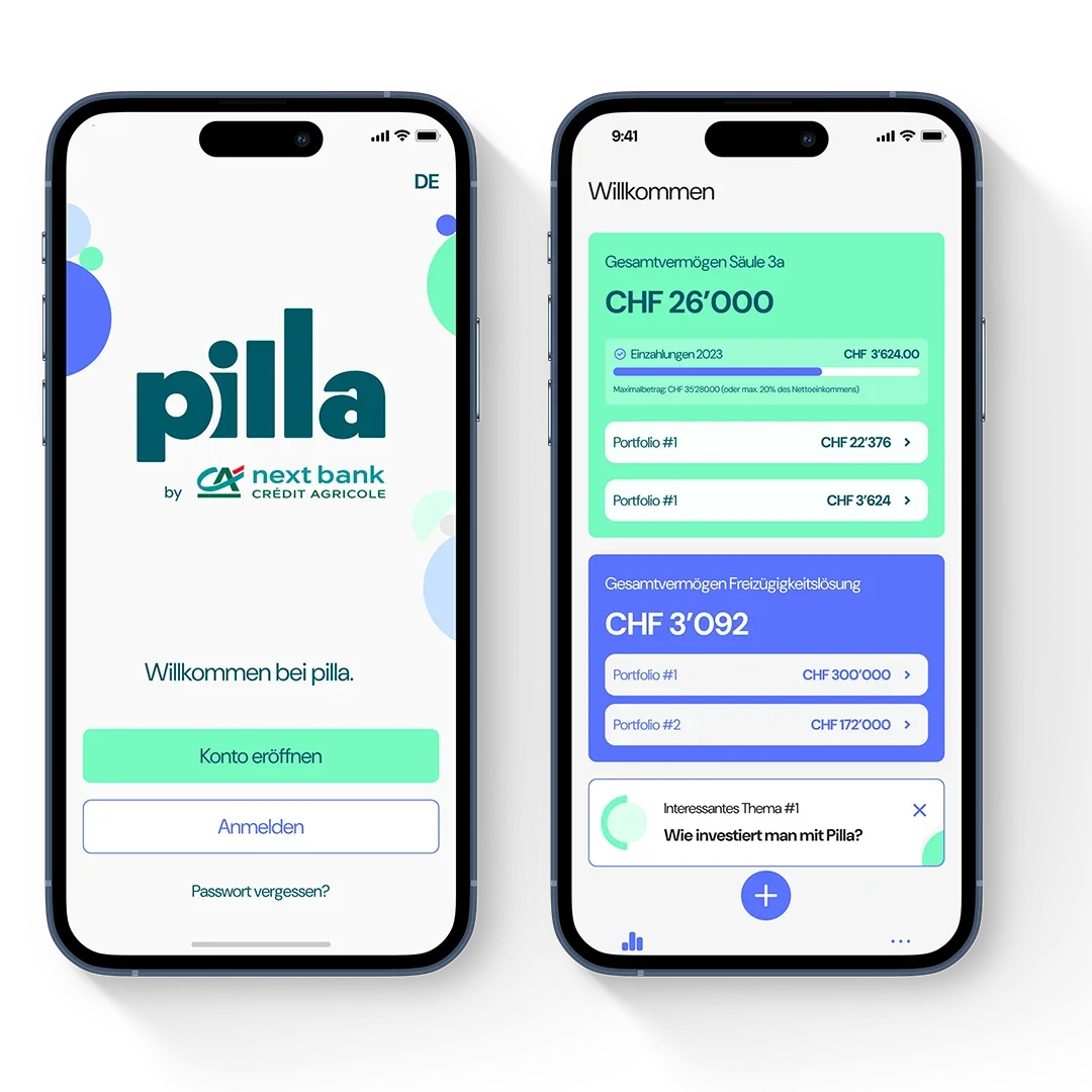 Zwei nebeneinander liegende Smartphones zeigen die Pilla-App. Der erste Bildschirm zeigt die Startseite mit Logo, der zweite ein Dashboard mit Kontoinformationen und Anlagethemen.