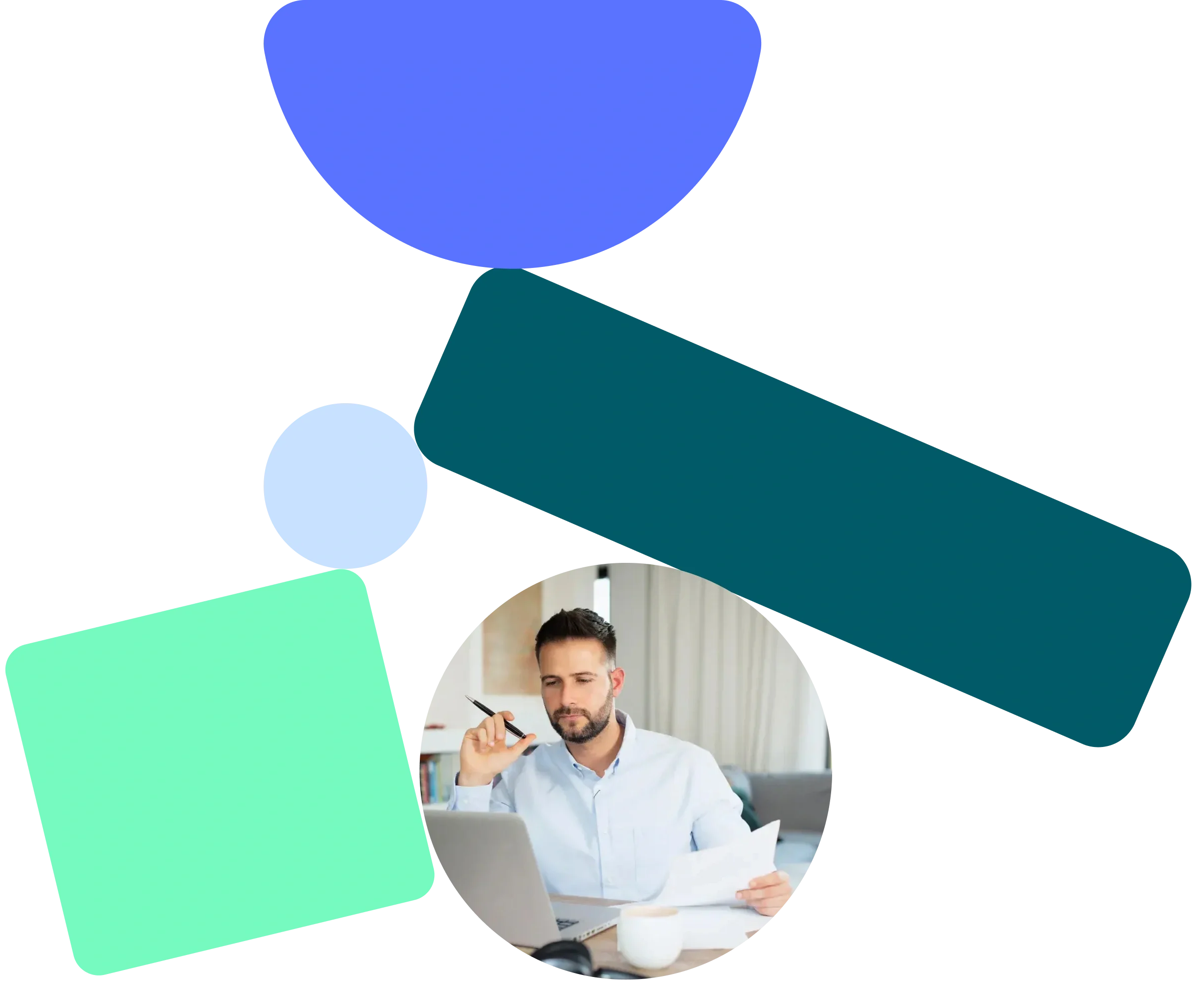 A man working on a laptop and reviewing documents, surrounded by abstract, colorful shapes.

