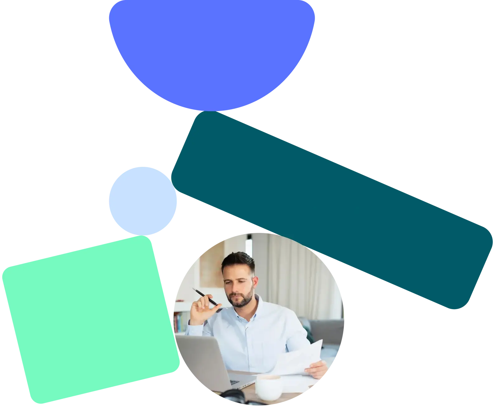 A man working on a laptop and reviewing documents, surrounded by abstract, colorful shapes.