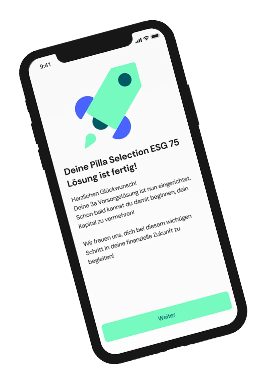 Ein Smartphone zeigt einen Bildschirm der Pilla-App mit einer Raketen-Illustration und einer Bestätigungsnachricht.