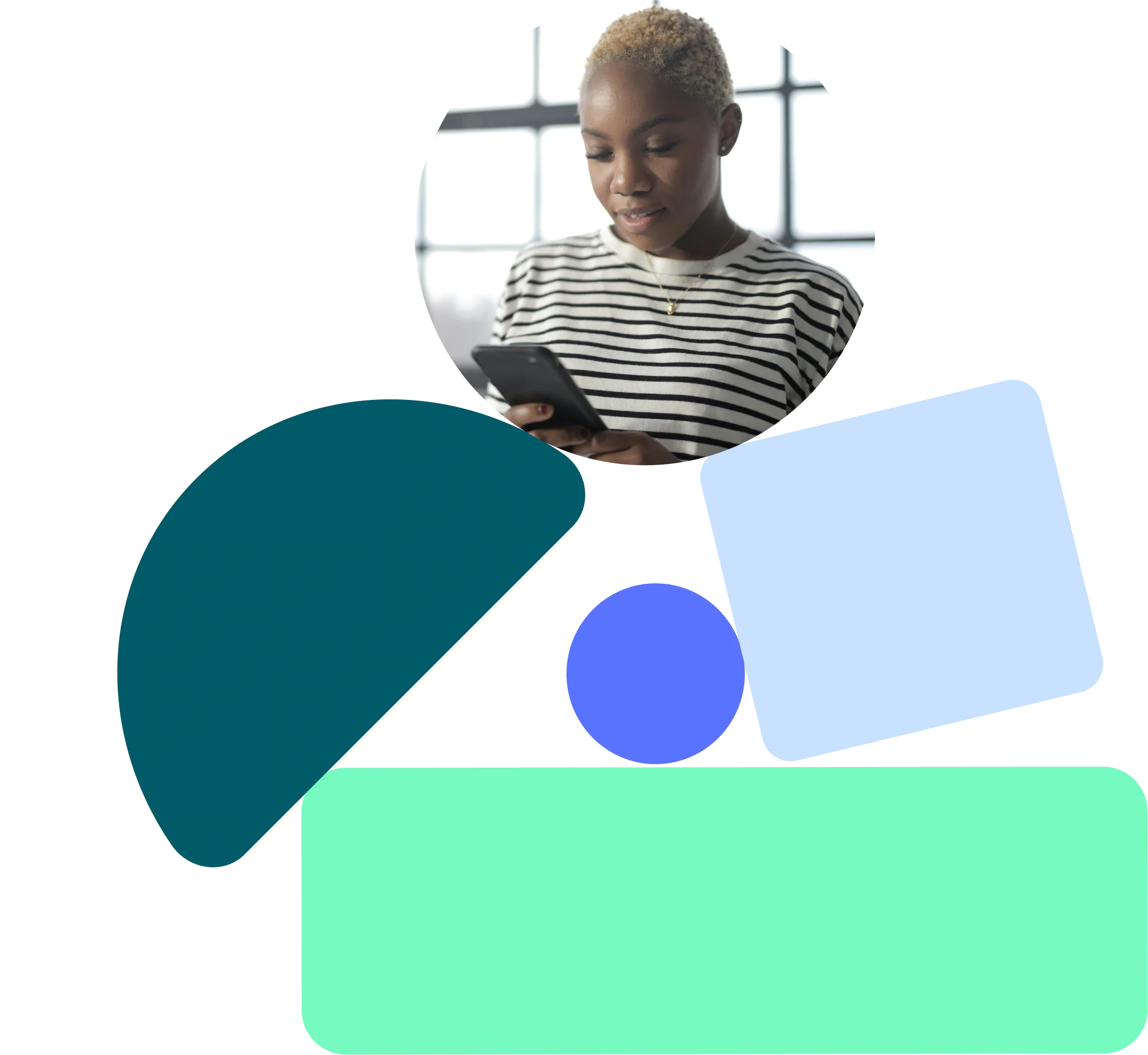  A woman looking at her phone, surrounded by abstract, colorful shapes.