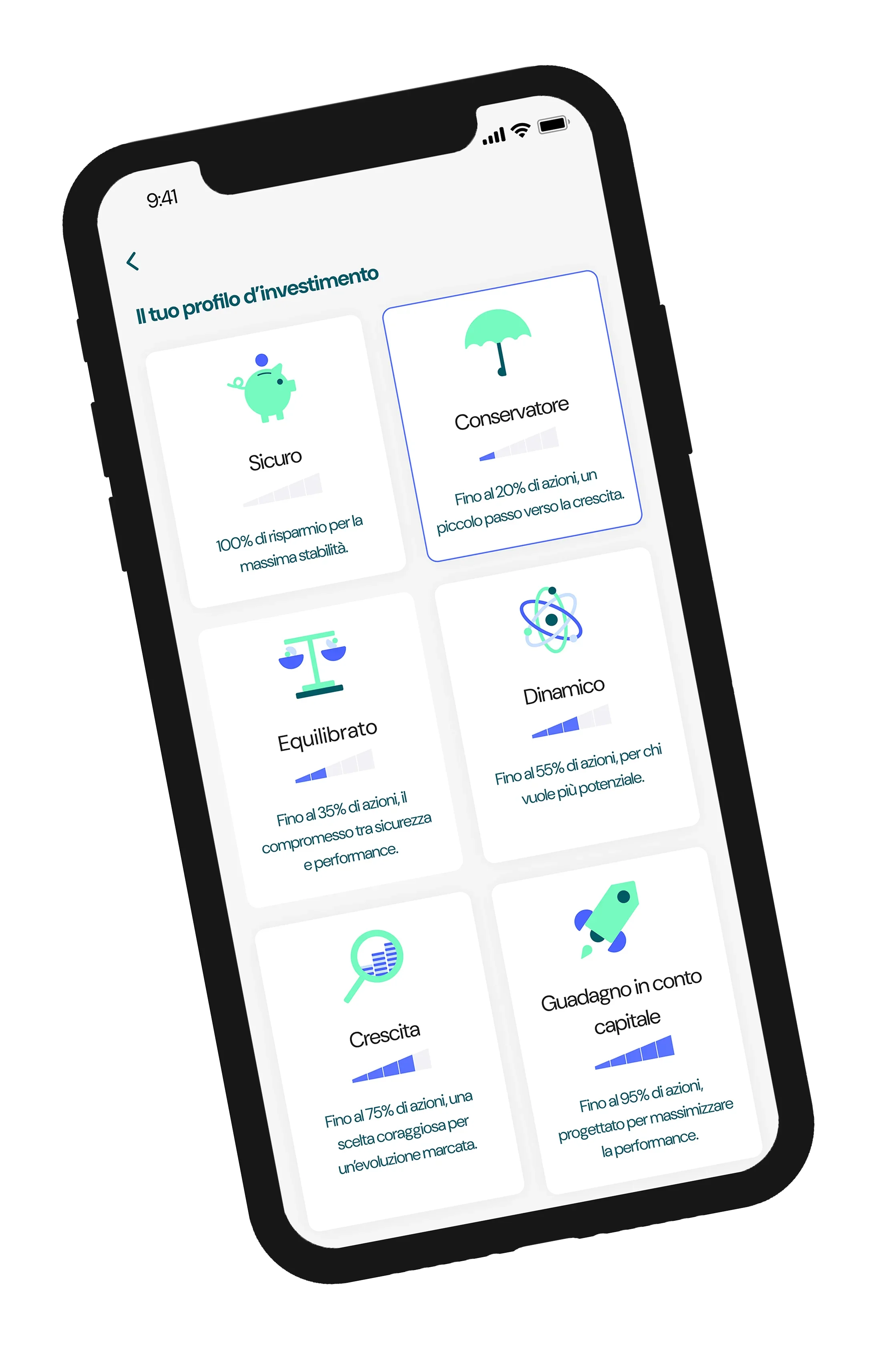 Uno smartphone mostra una schermata dell'app Pilla con diversi profili di investimento.