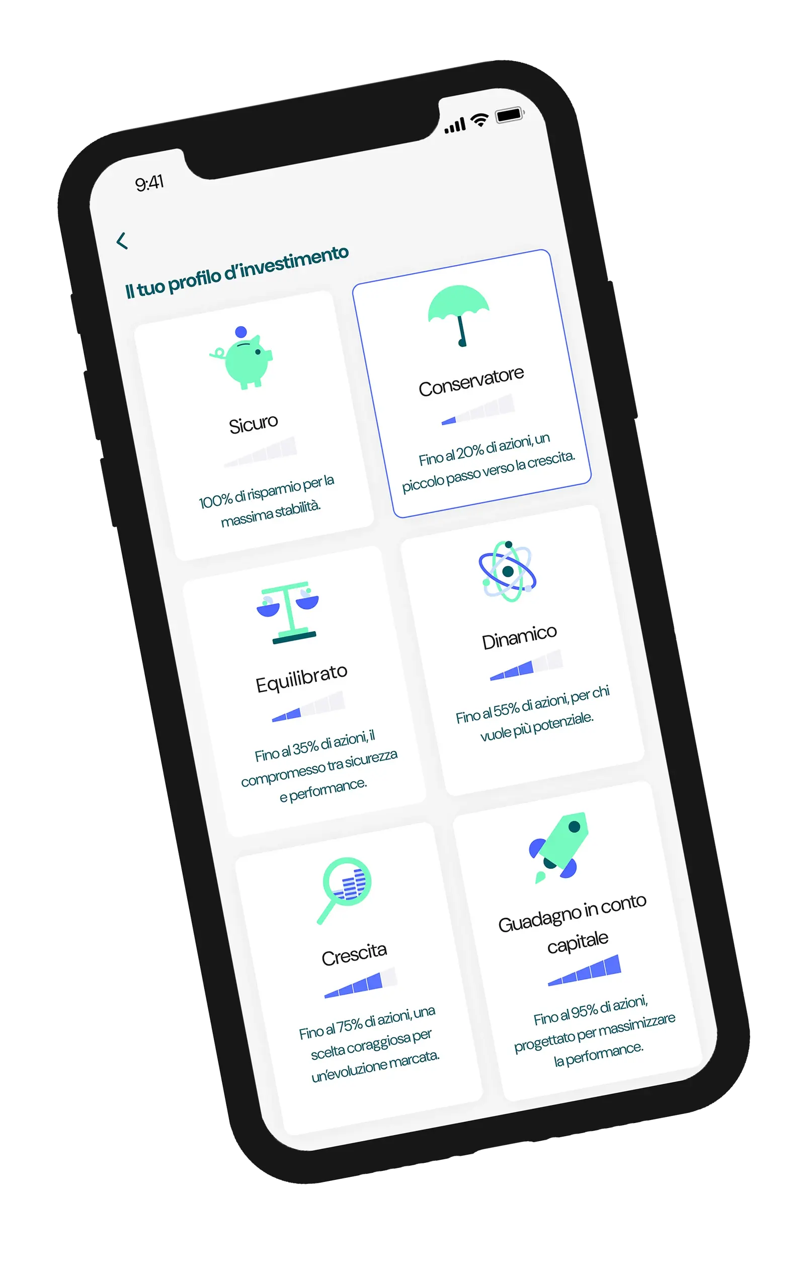 Uno smartphone mostra una schermata dell'app Pilla con diversi profili di investimento.