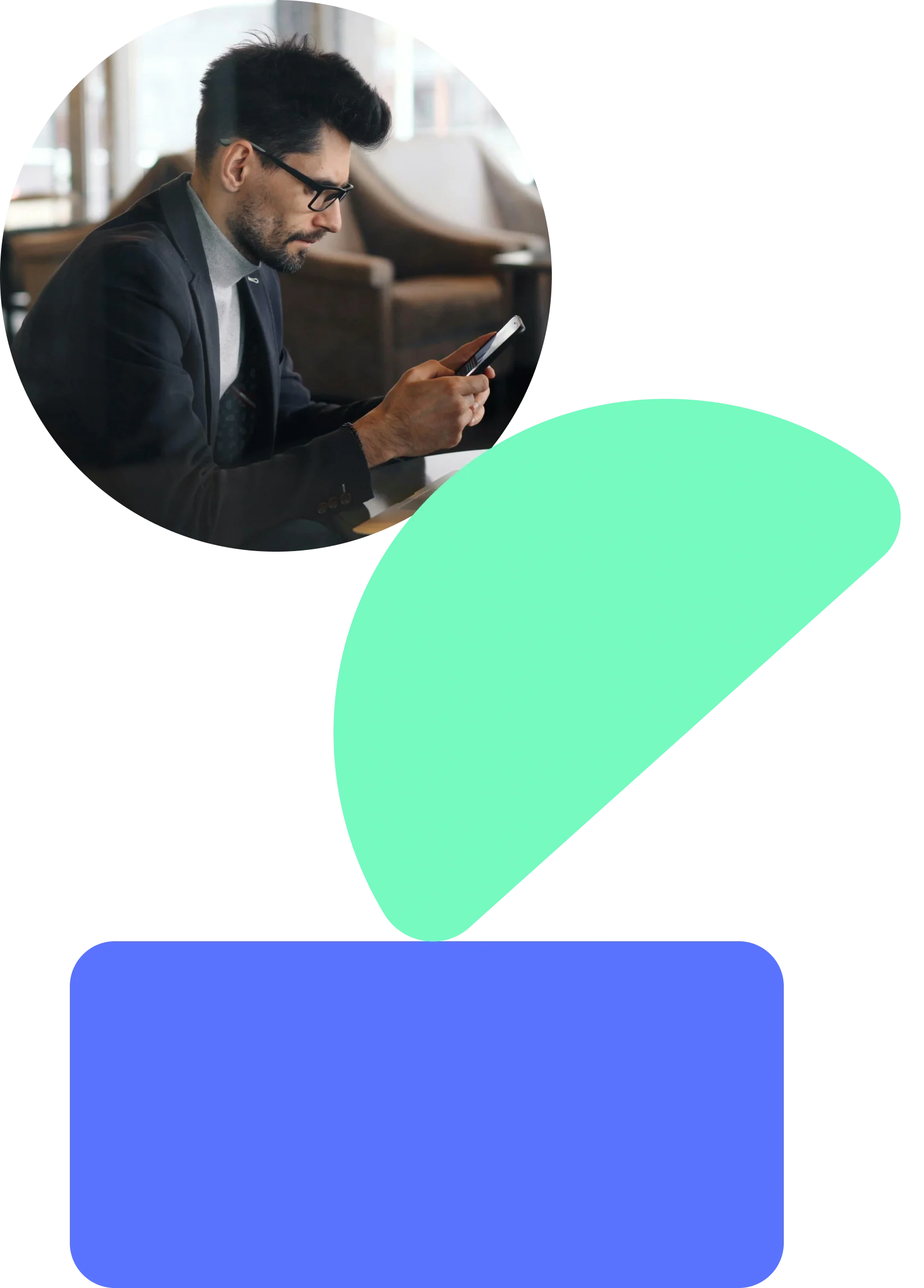 Man in dark suit and gray turtleneck sitting and looking at his phone, circular image on gray background with colorful geometric shapes.