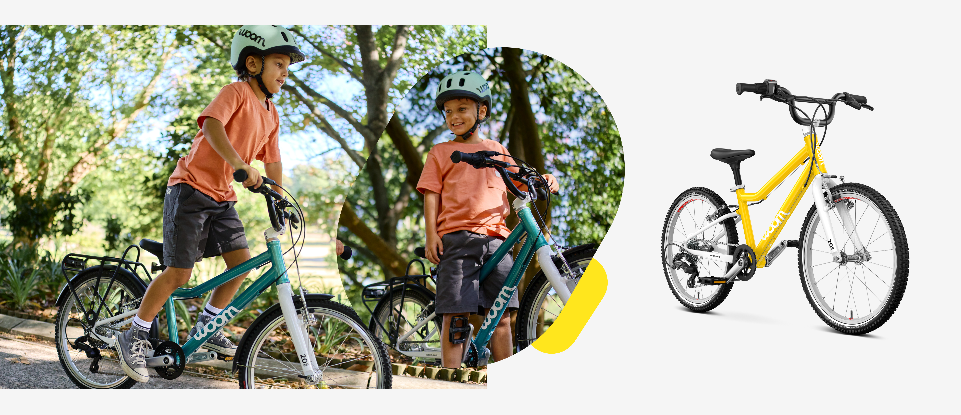 Left: A school-age child rides standing up on a woom GO 4. Center: Smiling child waits on a bike. Right: Yellow woom GO 4