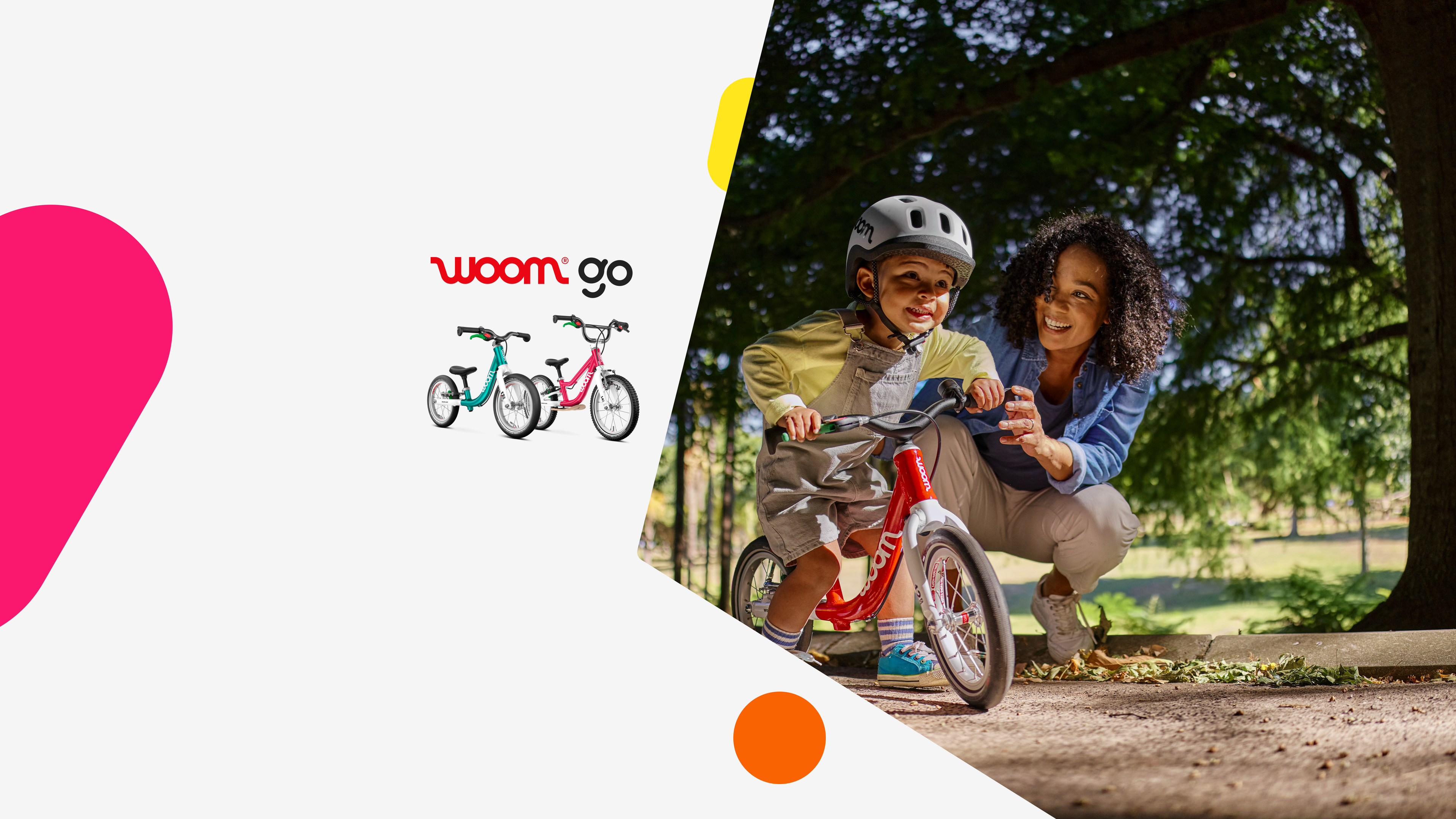 Two woom balance bikes on the left, while on the right, a young child in a READY Kids' Helmet is ready to ride a woom GO 1