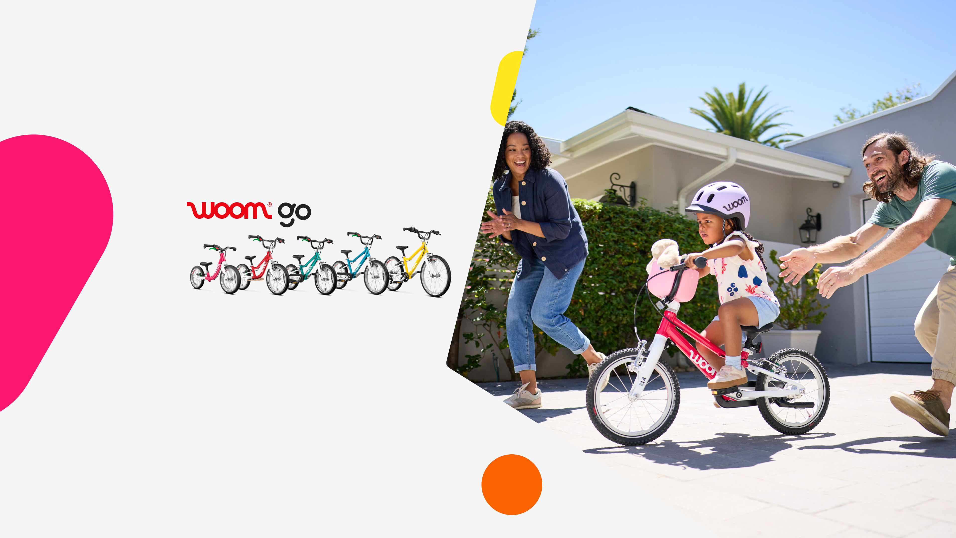 Left: Five woom GO bikes in different colors and sizes. Right: A girl wearing a READY helmet rides the woom GO 2 bike