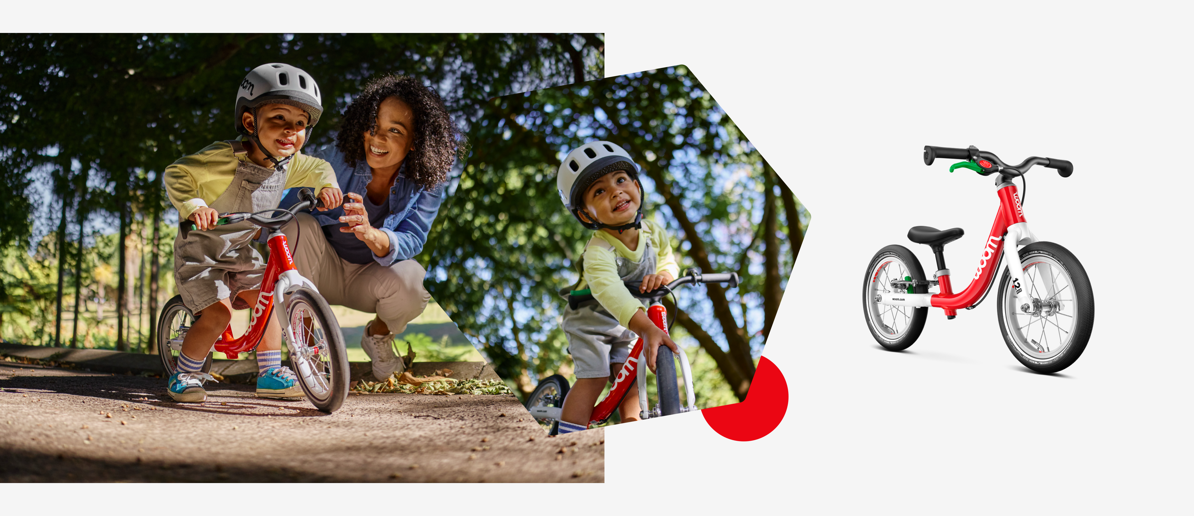 Left: A child in a READY helmet rides a woom GO 1 balance bike. Center: A young child holds a front wheel. Right: woom GO 1