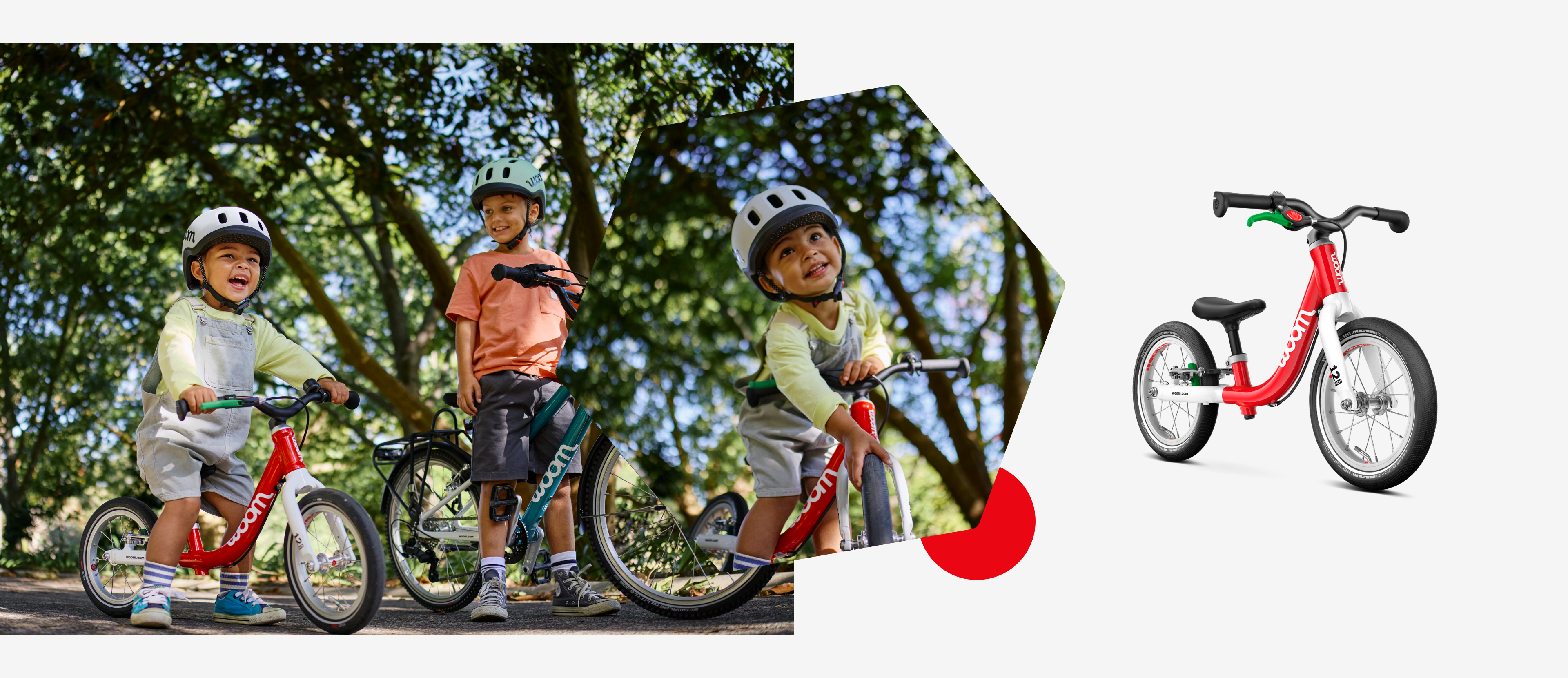 On the left, a child in a READY helmet sits on the woom GO 1 balance bike next to a child on the woom GO 4. On the right is a red woom GO 1.