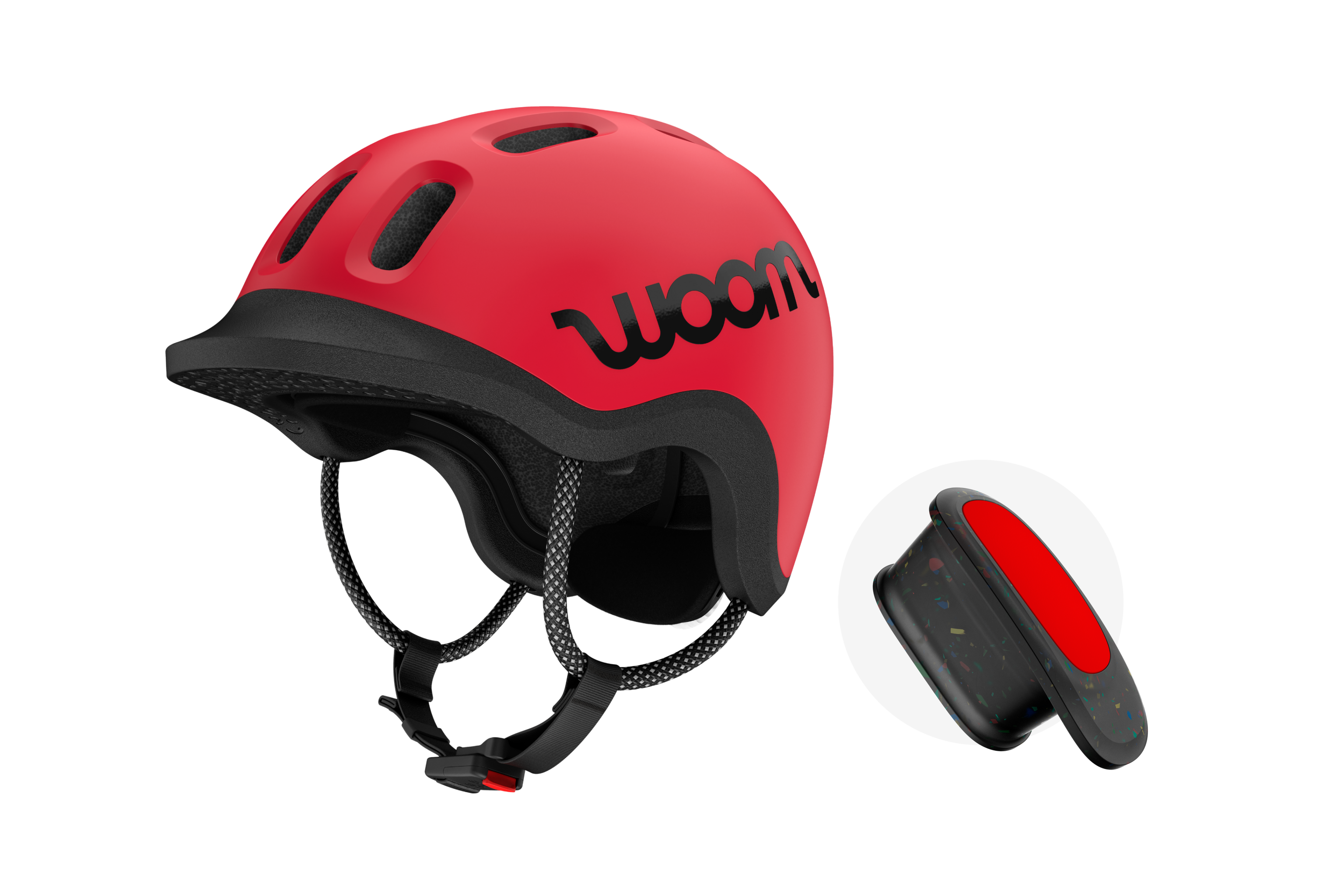 Side front view of a red READY Kids' Helmet and the compatible READY Helmet Light from woom