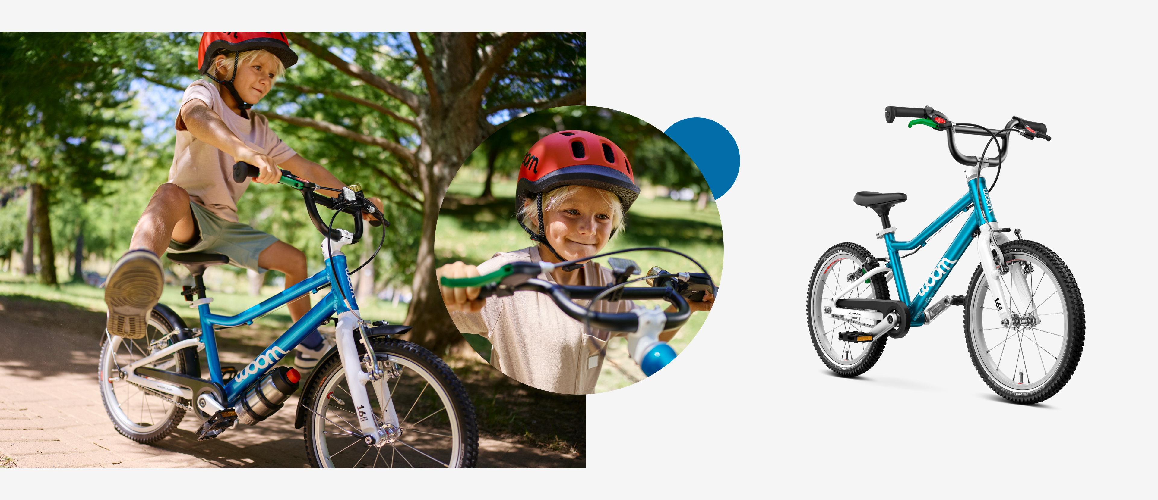 Left: Child in a woom helmet rides a woom GO. Center: A helmet-wearing child holds their bars. Right: A blue woom GO 3