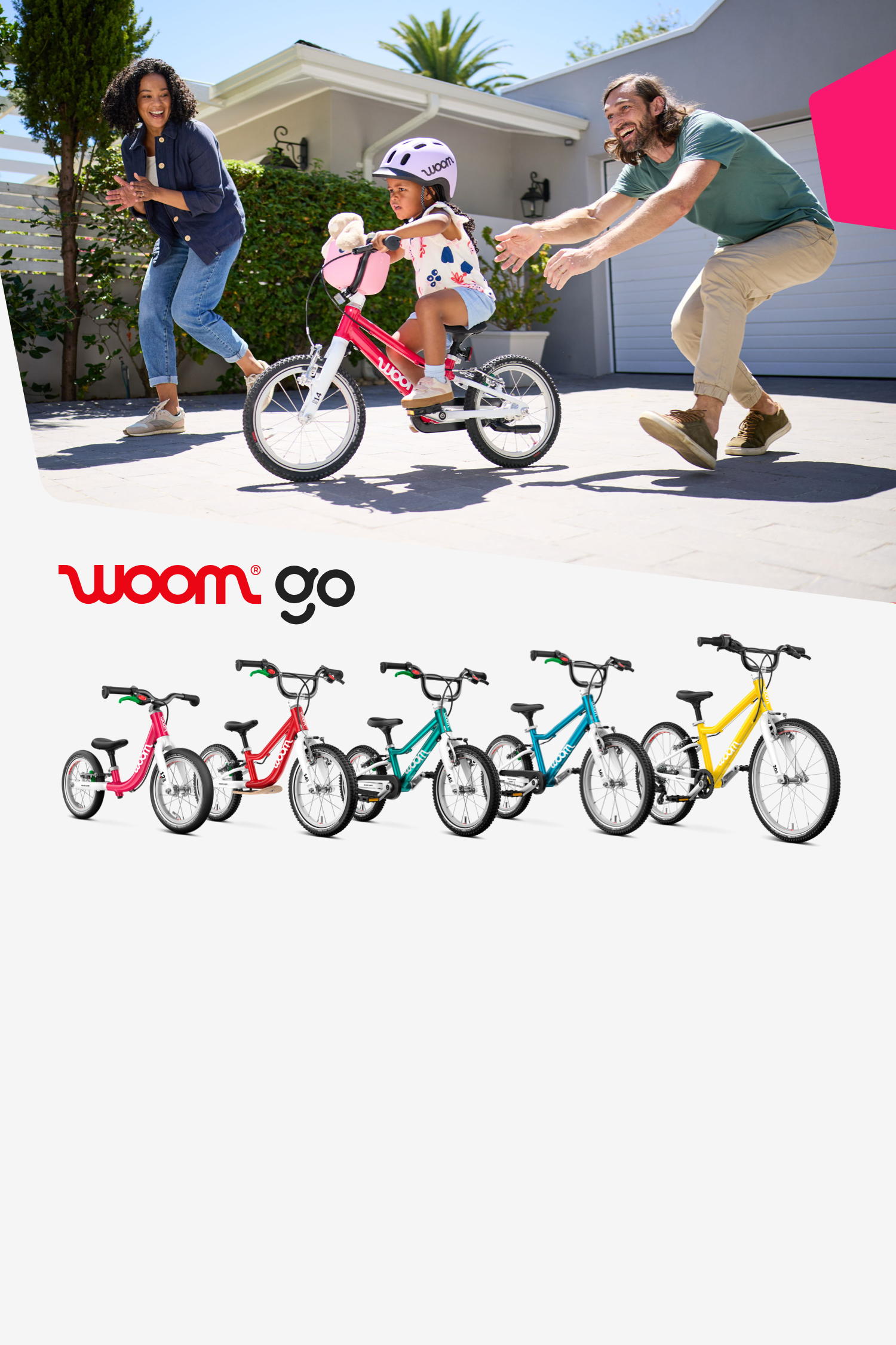 Left: Five woom GO bikes in different colors and sizes. Right: A girl wearing a READY helmet rides the woom GO 2 bike