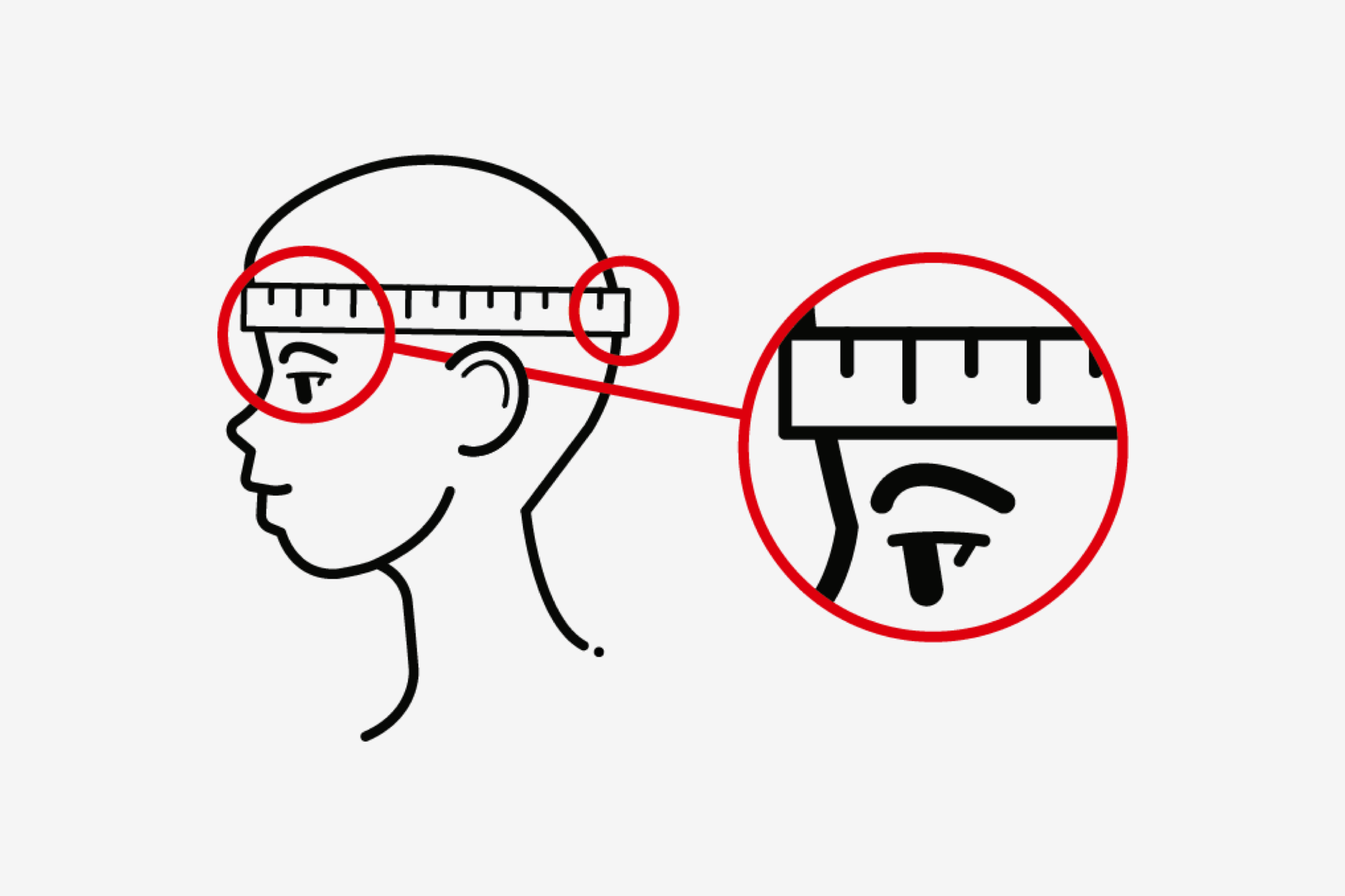 Tegning af et barns hoved, hvis omkreds måles med et målebånd