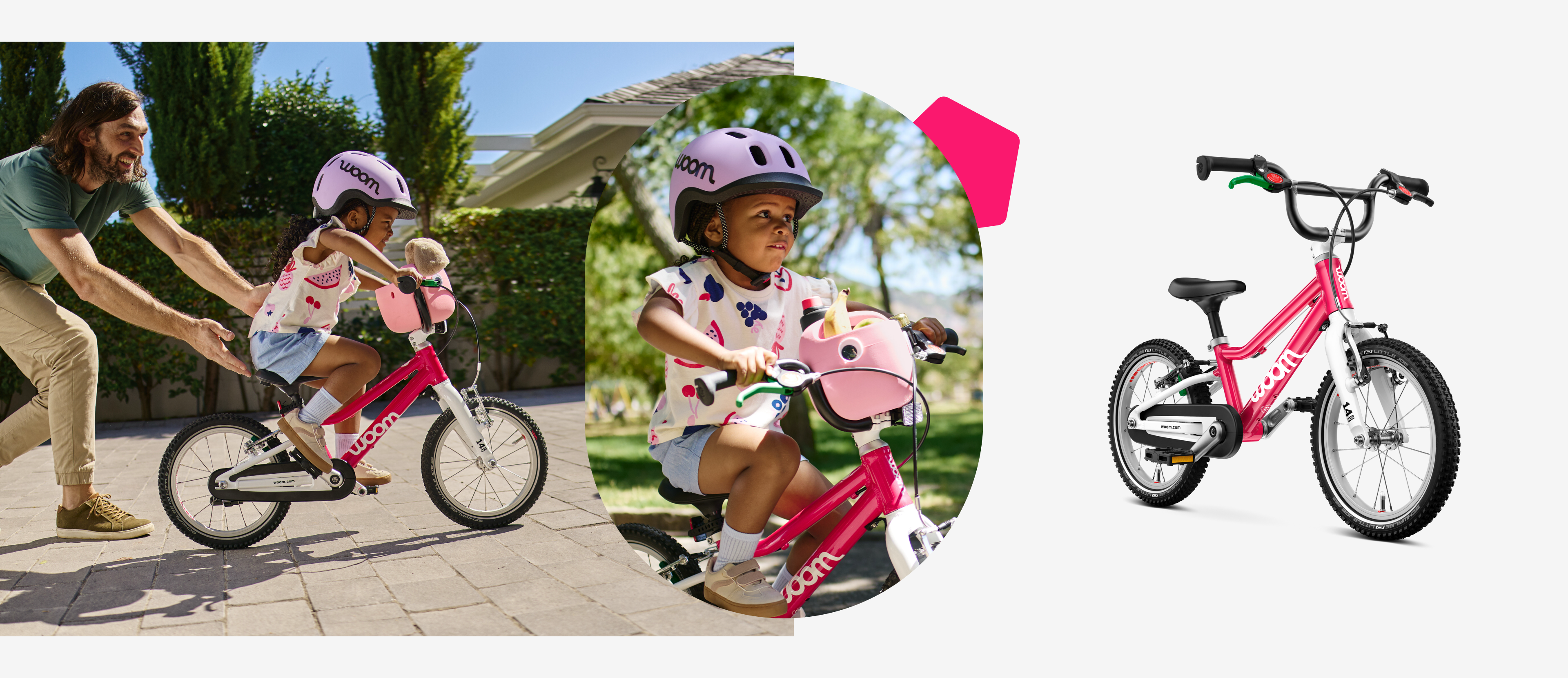 Left: A girl wearing a READY helmet rides a woom GO 2. Center: Child rides a woom GO 2 with basket. Right: A pink woom GO 2