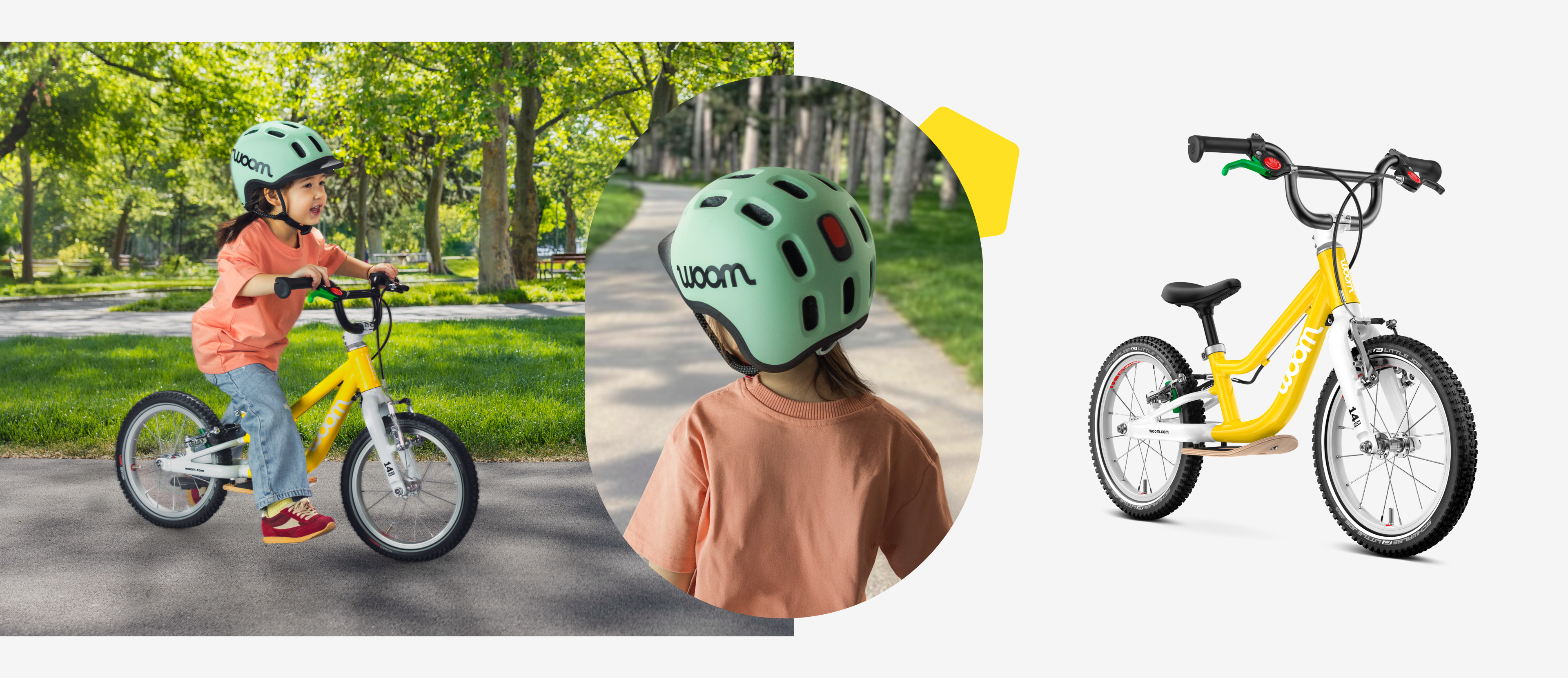 A child wearing the READY helmet is viewed from behind being embraced by a smiling parent, while on the right, there is a woom GO 1 PLUS