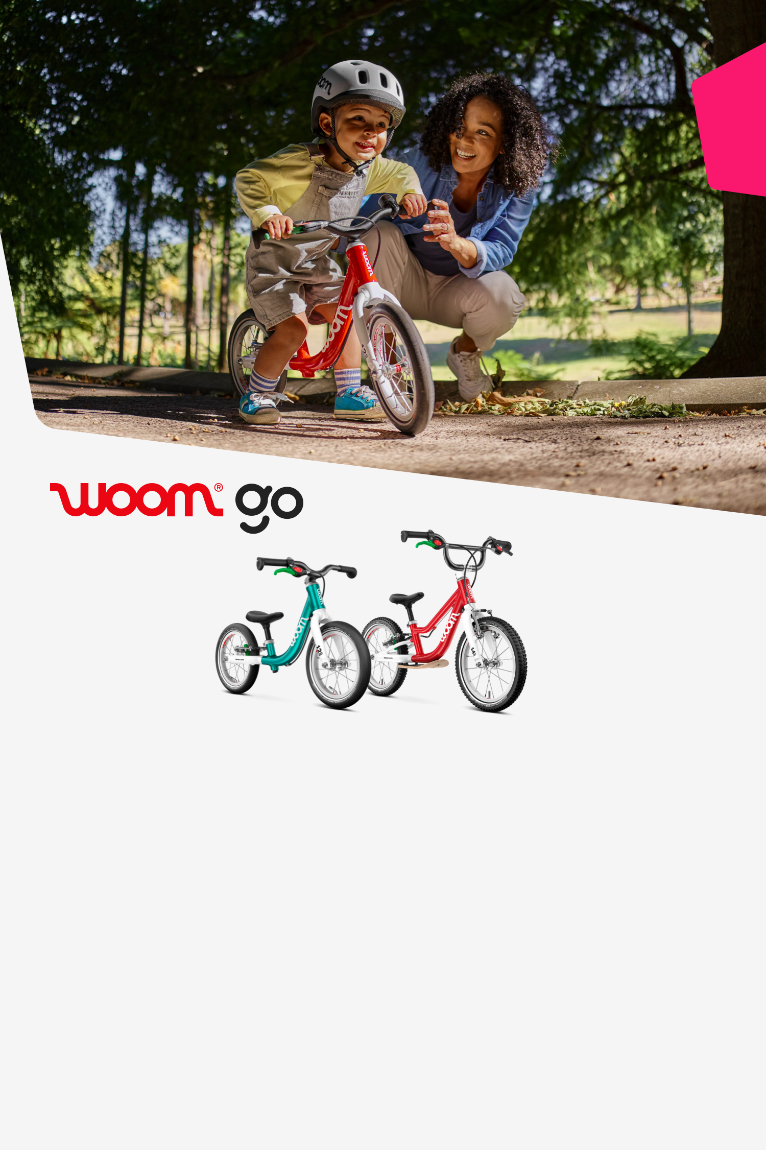 Two woom balance bikes on the left, while on the right, a young child in a READY Kids' Helmet is ready to ride a woom GO 1