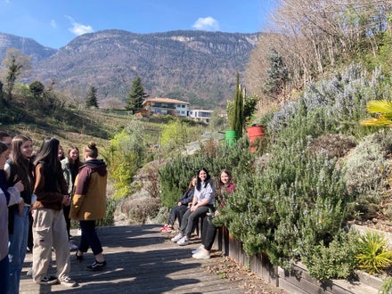 Schülerinnen besichtigen den Hof des Wandels in St. Pauls. Im Hintergrund ist der Kräutergarten zu sehen.