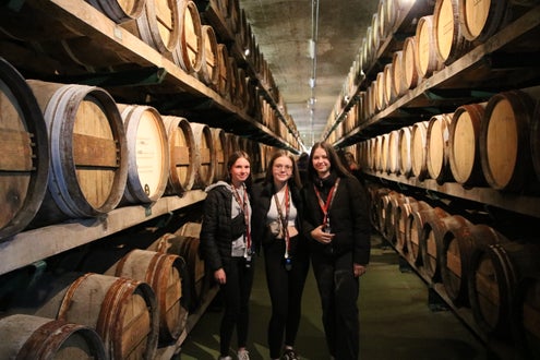 drei Schülerinnen im Weinkeller im Hintergrund Holzfässer 