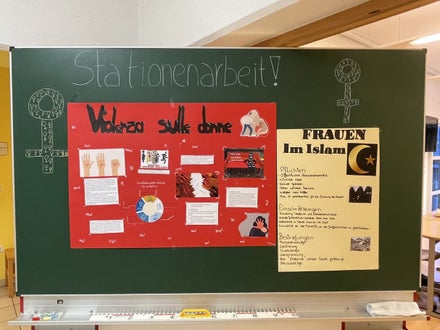 Schautafel zu den Stationenarbeiten  zu den Themen Gewalt an Frauen und Frauen im Islam