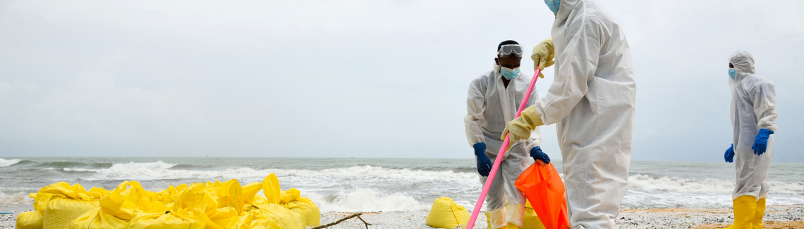 Un grup de oameni în costume de protecție albe curăță plaja