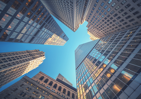 Looking up view of tall buildings