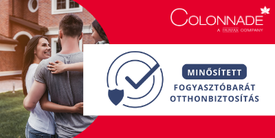 Minősített fogyasztóbarát otthonbiztosítás logó egy pár mellett piros héttérrel