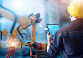 Keménykalapos férfi egy táblagépet használ