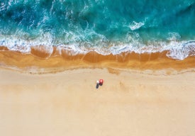 Pláž s vlnami a slunečníkem