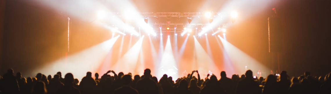 Вижда се публиката и осветена концертна сцена в зала.