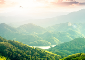 Zöld dombok fákkal és egy folyóval
