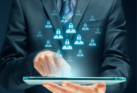 A person holding a tablet with a touch screen