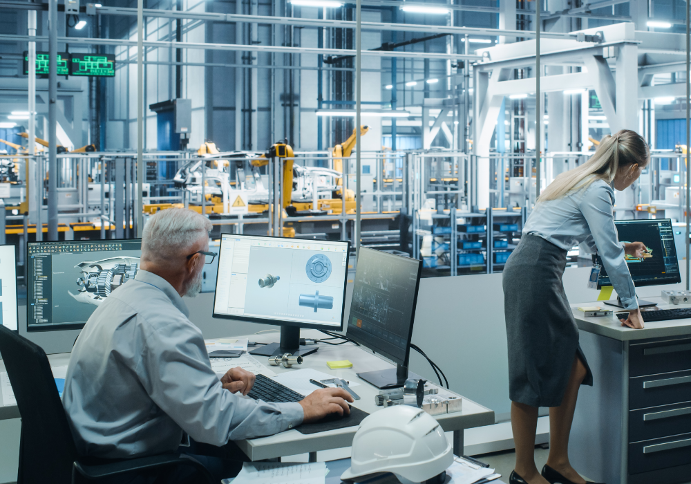 Žena stojaca pred mužom pracujúcim na počítači