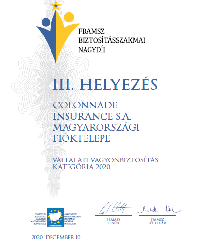 Oklevél: 3. helyezés vállalati vagyonbiztosítás kategóriában 2020 