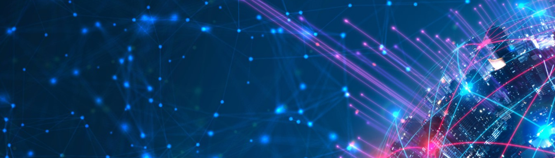 A blue background with many dots and lines