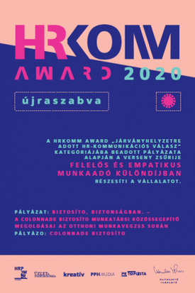 Kék és rózsaszín oklevél: HrKomm díj 2020