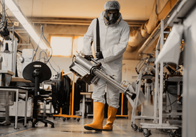 Osoba v bielom obleku a maske drží veľký stroj