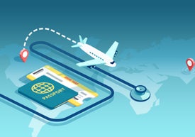 Графично изображение на самолет, карта на света, паспорт и стетоскоп