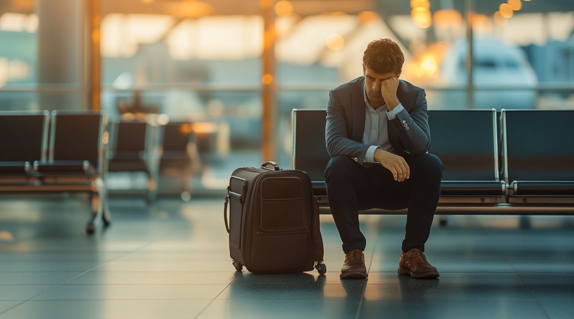 Muž sediaci na lavičke na letisku