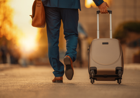 Мъж в гръб, с чанта на рамо, дърпа малко куфарче.